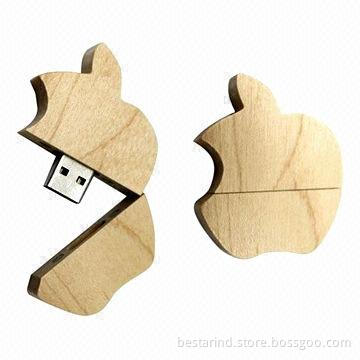 Apple-shaped USB flash drive, made of wood/bamboo, logo printed/engraved, popular as promotions gift